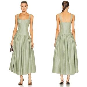 Nicholas | Sage Green Makenna Pleated Drop Waist Corset Linen Midi Dress 2 NWT
